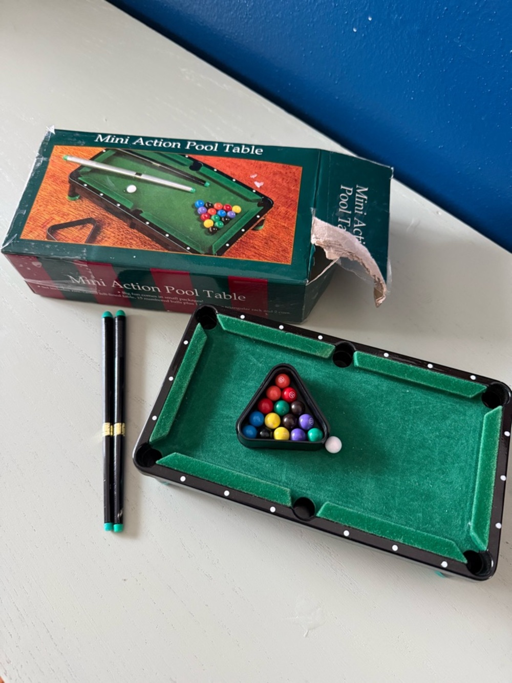 Vintage COMPLETE Desktop Mini Action Pool Table Miniature Billiards In Box